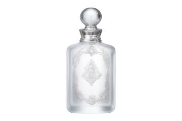 Ornate vintage perfume bottle with elegant frosted glass and silver stopper, representing luxury beauty and fragrance on transparent background