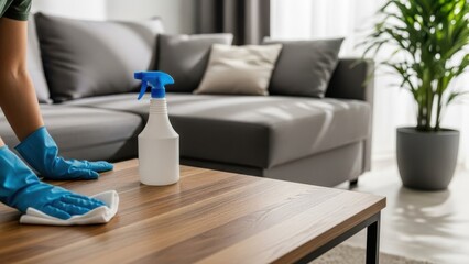 Cleaning supplies on wooden table isolated on white background