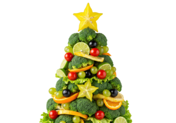 Hyperdetailed, photorealistic still life of a festive conical food sculpture resembling a christmas tree, crafted from raw broccoli, grapes, and citrus on a transparent background. Concept of healthy