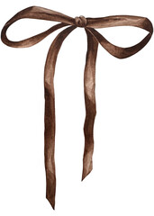 Obraz premium Brown ribbon bow tie. Hand drawn watercolor on white background.