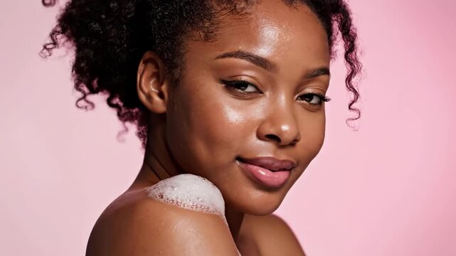 Young African American woman with soap foam on shoulder beauty portrait