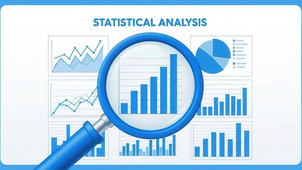 Statistical analysis concept with a magnifying glass over various charts, graphs, and data visualizations on a blue background.