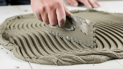 Hand spreading adhesive on floor, isolated on white background