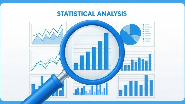 Statistical analysis concept with a magnifying glass over various charts, graphs, and data visualizations on a blue background. - Powered by Adobe