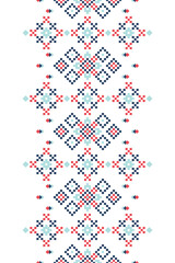 Traditional geometric folk pattern inspired by embroidery and textile motifs. Decorative ornamental design featuring symmetrical shapes and repeating elements, suitable for backgrounds, banners, frame