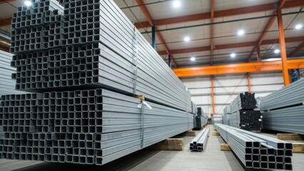 Large stacks of square steel metal pipes in a brightly lit industrial warehouse