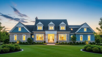 Magnificent Luxury House with Manicured Lawn and Landscaping at Dusk