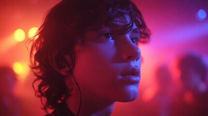 Teenage boy with earplugs immersed in vibrant rock concert atmosphere, surrounded by dynamic neon lights and energetic crowd, capturing the essence of live music experience