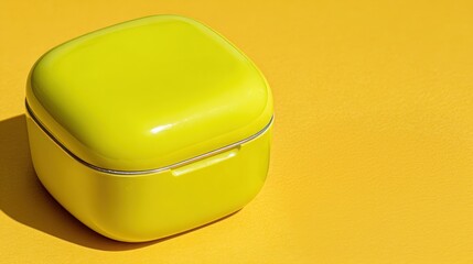 Vibrant yellow carrying case with a glossy finish, positioned on a matching yellow background, showcasing a modern design and playful aesthetic, ideal for storage solutions