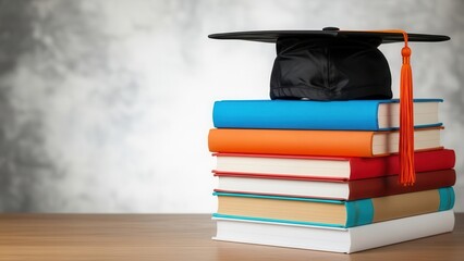 Black Graduation Cap with Orange Tassel on a Stack of Colorful Books