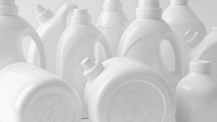 White Plastic Detergent Bottles with Recycling Symbols on Clean Background