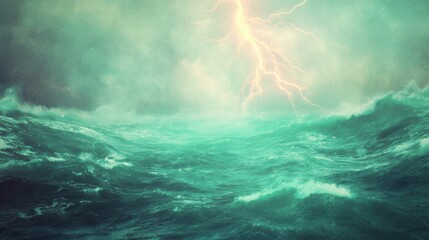 Stormy weather with lightning striking over rough ocean waves