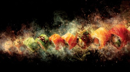 Sushi rolls prepared with various ingredients and displayed in a creative way