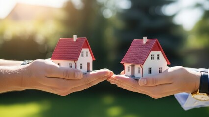 Hands holding miniature houses, isolated on white background