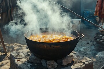 Rice and meat are cooking in a large pot over the fire. AI generated image