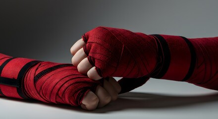 Boxer's hands wrapped in red tape.