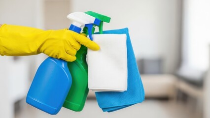 Cleaning supplies handheld, isolated on white background