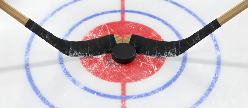 Two ice hockey sticks and a puck facing off at the center circle of an ice rink with scratched surface markings, representing sports competition and game start rivalry
