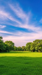 Lush green grassy field under a vibrant blue sky with scattered clouds and trees.