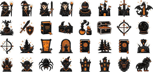  Fantasy icon set: dragons, wizards, fairies, unicorns, castles, swords, shields, magic elements  © Pixel_Forge