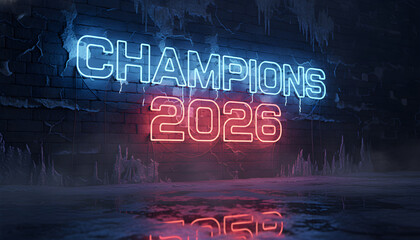 Neon sign text Champions 2026 glowing on frozen brick wall with icicles and reflections, sports tournament victory concept for winter games winner announcement