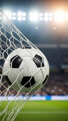 Soccer ball hitting the net in a stadium under bright lights.