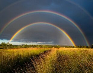 double rainbow arches over a grassy plain a vibrant double rainbow spans a field of tall grass under a dramatic sky soft sunlight bathes the scene