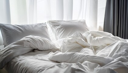 white bedding sheets and pillow background messy bed concept