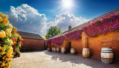 a courtyard with brick walls barrels and colorful flowers under a sunny sky
