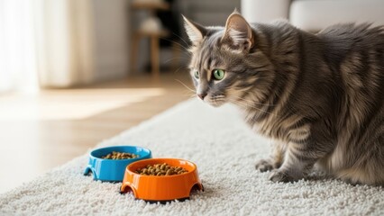 Curious cat near food bowls isolated on white background