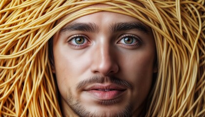 A person is featured with strands of pasta covering their head, set against a dark background. The eyes are bright, drawing attention to the playful and odd appearance.