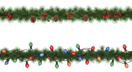 two seamless watercolor borders: a lush fir branch garland with pinecones and berries, and glowing christmas lights, isolated on white copy space. design asset concept for winter holidays