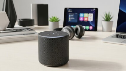 Smart speaker on desk isolated on white background