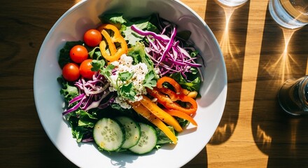 Vibrant Salad Bowl: A colorful medley of fresh, raw vegetables artfully arranged in a bright and airy composition, perfect for showcasing the healthy eating and culinary creativity.