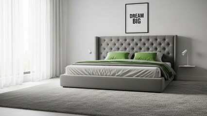 Modern bedroom with tufted headboard isolated on white background