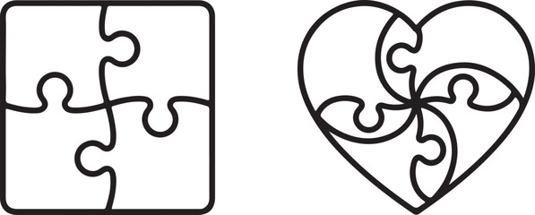 Simple line illustrations of a square puzzle and a heart shaped puzzle with connected pieces