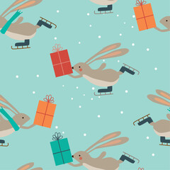 Winter Christmas pattern with rabbits skating with boxes of presents. 