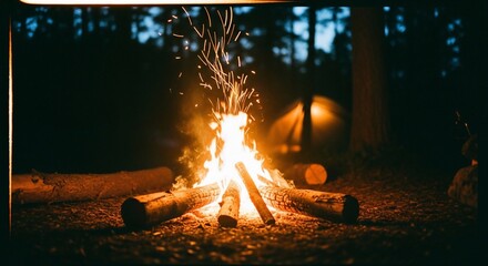 Campfire under the night sky: A captivating campfire crackles and dances, casting flickering shadows against the darkness. The burning flames create a warm and inviting atmosphere.