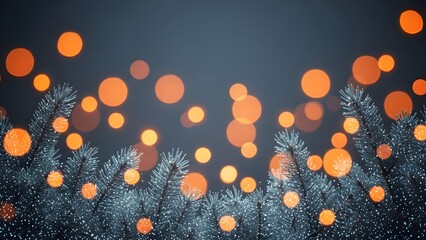 Festive Christmas lights and frosted pine branches on dark background. Create a warm ambiance for Christmas holiday