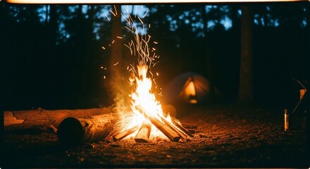 Embers in the Wilderness: A crackling campfire illuminates the twilight of a serene camping scene, its flames dancing against the backdrop of a starlit forest.