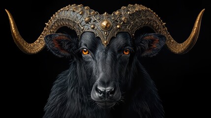 A black ram stands still and looks straight ahead. Its head is adorned with an ornate golden crown. The background is dark, highlighting the ram's features and crown.