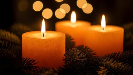 Three lit candles exude a warm and inviting glow, creating a serene ambiance with their soft flames. The scene is illuminated with a gentle bokeh in the background.