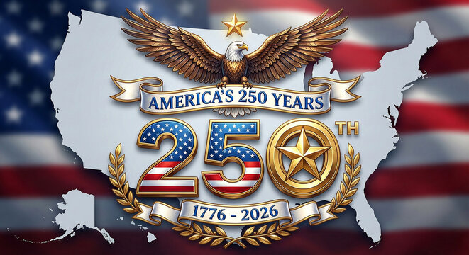 250th Anniversary of USA Independence Emblem with Bald Eagle and American Flag, 1776-2026