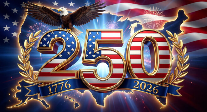USA Semiquincentennial 250th Anniversary Epic 3D Logo with Bald Eagle and American Flag 1776-2026
