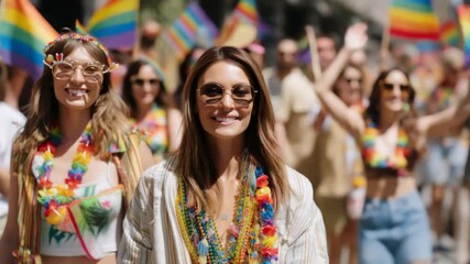 Women smiling and wearing rainbow leis at a pride parade celebration - Powered by Adobe