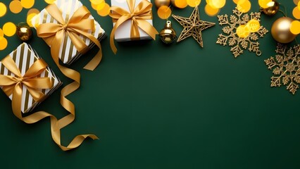 Festive gifts with golden ribbons and ornaments arranged on a dark green background, celebrating the holiday season. The image captures the joy and anticipation of giving gifts during Christmas time