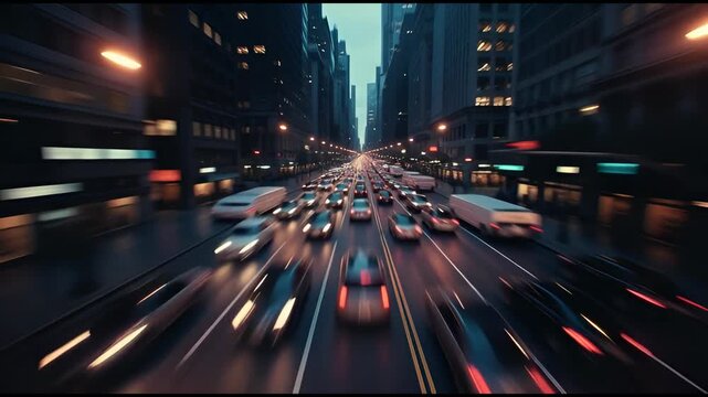 Futuristic Cityscape Traffic Blur Motion Abstract Urban Commute Speeding Through Neon Lit Streets at Dusk Dynamic Perspective
