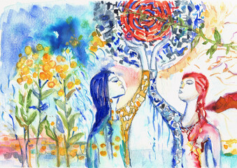 Symbolic hand-painted watercolor illustration of two women and tree of life, spiritual connection and growth