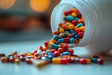 Bright multicolor pills scattered in motion, striking healthcare background for treatment messaging, product mockups, and campaigns.