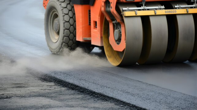 Industrial Road Roller Compacting Fresh Hot Asphalt Paving New Highway Surface Construction Scene